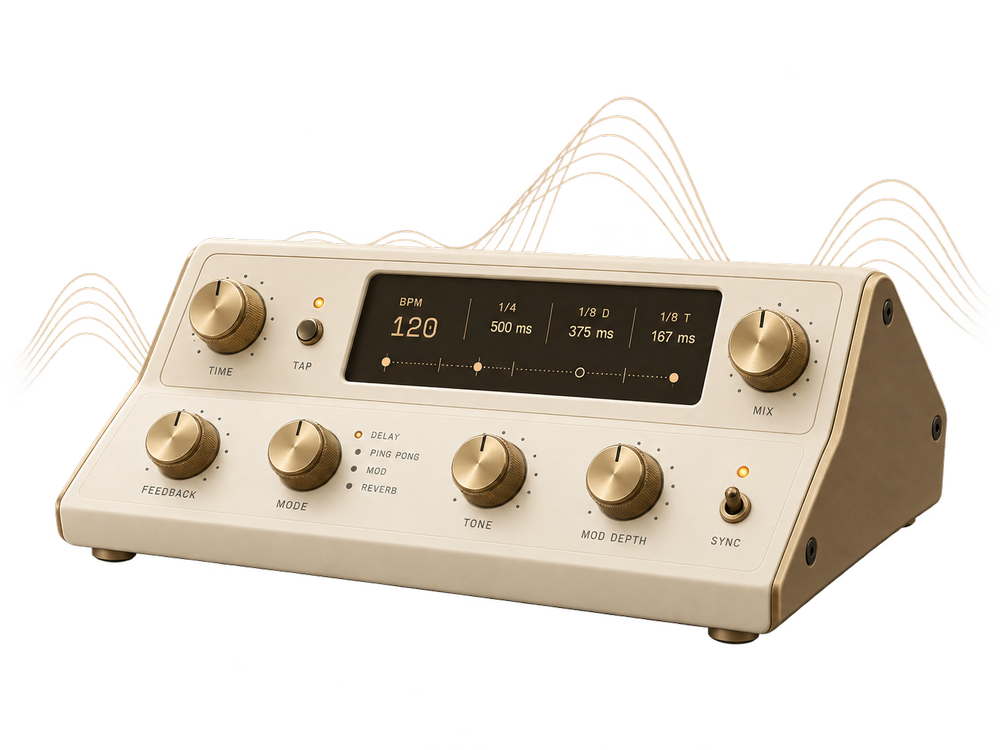 Tempo-synced effects unit displaying 120 BPM and note timings